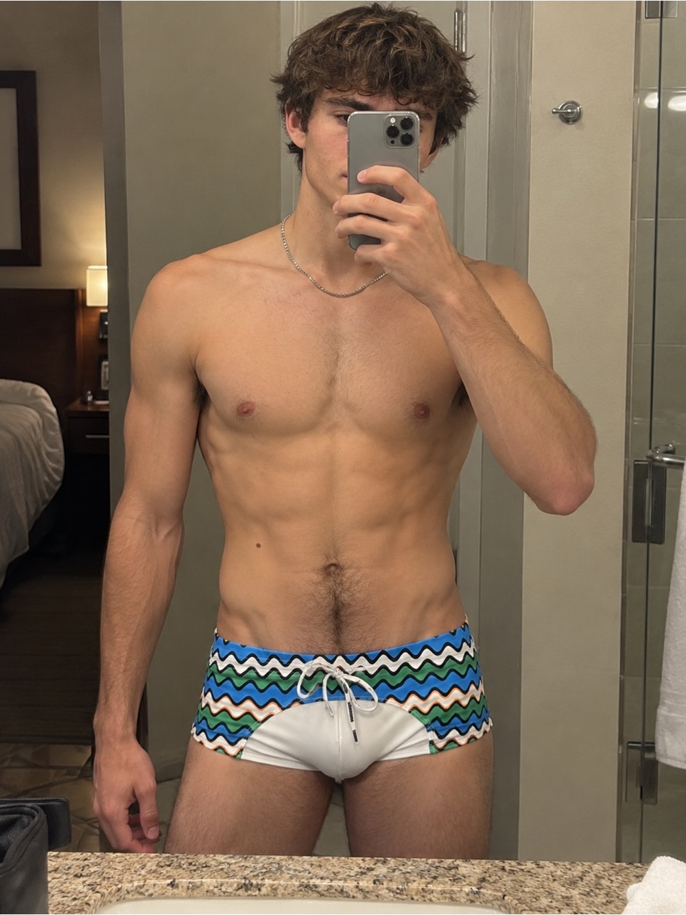 Aussiebum Chevron-Print Men's Boxer Swim Shorts in Blue, Green & White size m